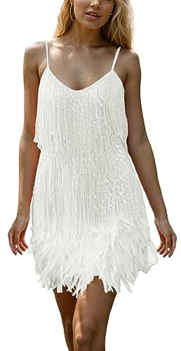 Duohropke Vestido de mujer con flecos de plumas con lentejuelas y tirantes de espaguetis vestidos de fiesta cóctel noche mini vestido camisola