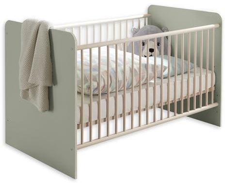PRIZZI Sicheres Babybett 70x140 cm in Pastellgrün/Aurum Optik - Funktionales Baby Gitterbett mit höhenverstellbarem Lattenrost - 78 x 88 x 143 cm (B/H/T)
