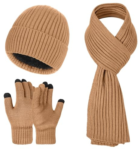 Warmiehomy Mössa handskar halsduk set för män herrar mjuk varm stickad mössa mössa lång halsduk pekskärm handskar 3 i 1 vinter tjock set för utomhus, Khaki, en storlek