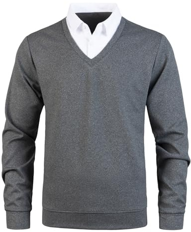 Yukirtiq herrtröja med skjortkrage tröja långärmad 2 i 1 skjorta krage pullover V-ringad finstickad stickad stickad tröja, grå + vit, L