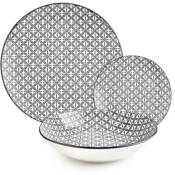 IBILI - Service de table 12 pièces Bavaria, assiettes en porcelaine pour 4 personnes, Noir/Blanc