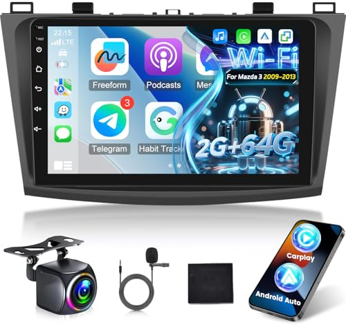 Android Radio Coche para Mazda 3 2009-2013 con Wireless Carplay y Android Auto, Radio de Coche con Pantalla Táctil HD de 9 Pulgadas con GPS/WiFi/Bluetooth/EQ/FM RDS
