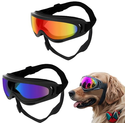 FOSDICK 2Stück Hundebrille, Brille Hund UV-Schutz, Winddicht Hunde Brille, Sonnenbrille Hund mit Verstellbare Riemen, Hundesonnenbrille für Mittel Große Hunde, zum Autofahren,Outdoor-Aktivitäten,Farbe