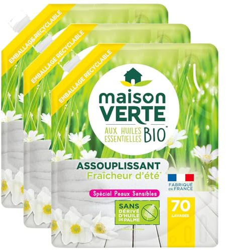 Maison Verte - Adoucissant aux huiles essentielles bio sans palme Fraicheur d'Ete 70 Lavages - Lot de 3 x 1,4 L