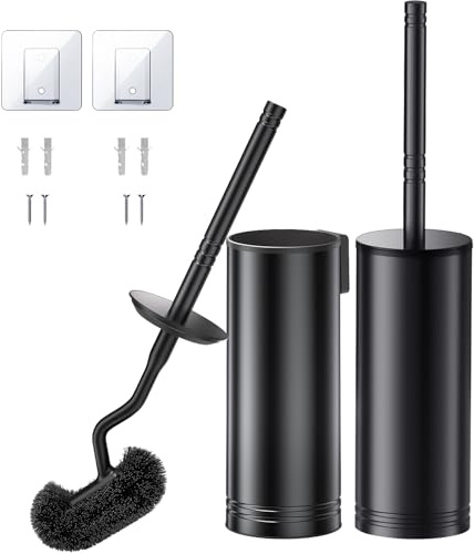 HAMITOR Edelstahl Klobürste Set: Toilettenbürste mit Wandmontage Ohne Bohren, WC Bürste für Tiefenreinigung unter dem Rand mit Schnell trocknendem & Abtropf-Halter im Badezimmer - 2 Stück (Schwarz)