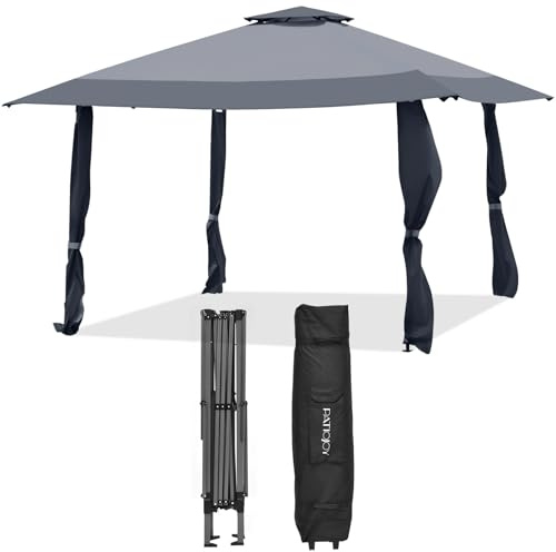 GOPLUS 4 m × 4 m vikbar paviljong, pop-up paviljong med UV-skydd och 3 justerbara höjder, vattentät trädgårdspaviljong för fest, bröllop, picknick och festival, partytält med bärväska (grå)
