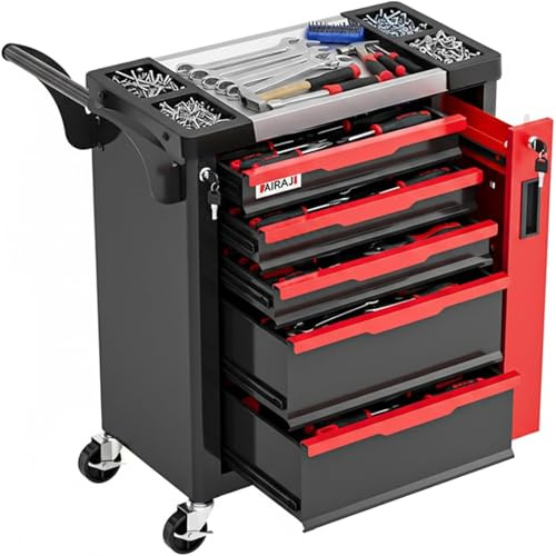 AIRAJ 5-Drawers Tool Chest, Lockable Tool Box on Wheels,Tool Cart with Hidden Side Cabinet, Heavy-Duty Metal Tool Cabinet, for Garages, Workshops, Warehouses,Red and Black.