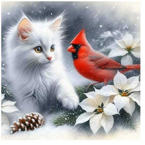 AMORARS Cat and Cardinal Diamond Art Kits for Adults - 5D Diamond Painting Kit for Beginners - DIY Full Diamond Dot Rond Gem Art Paintings and Gifts Home Decoration Crafts, 12x12Inch