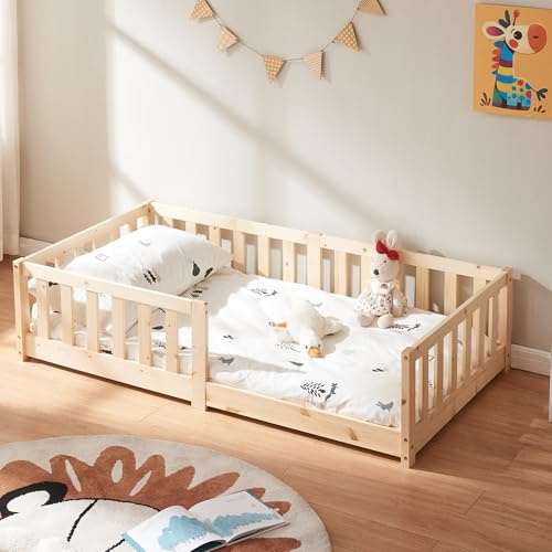 [en.casa] Kinderbett Tanna Bodenbett 80 x 160 cm Holzbett für Kinder mit Rausfallschutz Montessori Bettgestell mit Lattenrost Kiefernholz Natur