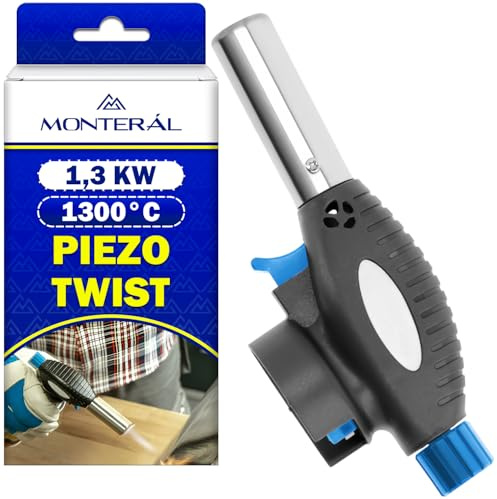 Soplete Gas Butano 1,3 kW 1300°C con Encendido Piezoeléctrico y Conexión TWIST - Soplete de Gas Adecuado para Fontanero Cocina Soldadura Cobre Termoretractil - MONTERAL