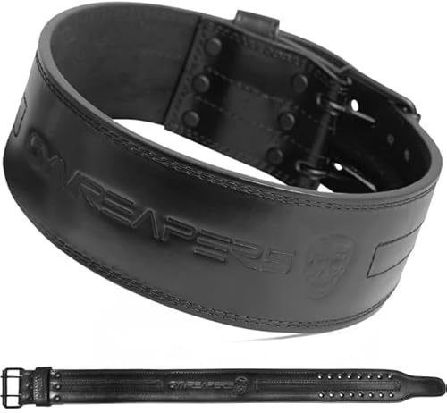 Gymreapers Weightlifting Belt 6MM Genuine Leather - Double Prong Power Belt Heavy Duty 4-Inch Wide - Strong, Stabilizing Back Support for Deadlifts, Squats Powerlifting (Black, Large)