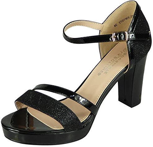 LoudLook Ladies Ankle Strap Bridal Party Sandals Peeptoe Glitter High Block Heel Going Out Shoes Size Black 6