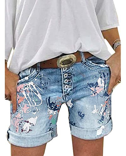 Onsoyours Femme Jeans Shorts Été Taille Haute Pantalon Court en Jean Short de Plage Vintage Déchiré Shorts en Jean Imprimé Bermudas A Bleu Clair L