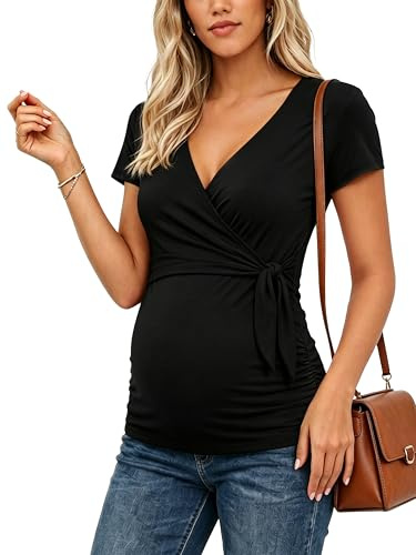 Love2Mi Camiseta de lactancia de manga corta para mujer, camiseta de maternidad, cuello en V, para embarazadas, Black-short, M