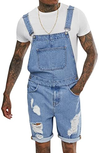 Oanviso Pantalones Cortos Vaquero Hombre Mono Moda Casual Pantalones de Mezclilla Mono de Lavado Pantalones Cortos Rasgados Monos Vaqueros de Mono Multibolsillo Pantalón de Tirantes C Azul Claro 3XL