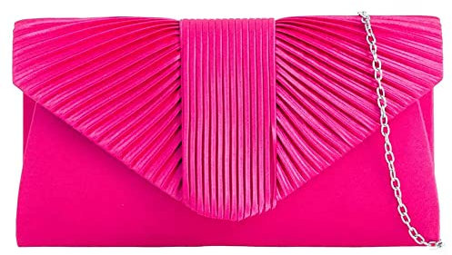 UShopUK Bolso de mano plisado de satén para novia, graduación, boda, noche, fiesta, bolso de mano, medium (Rosa fucsia)