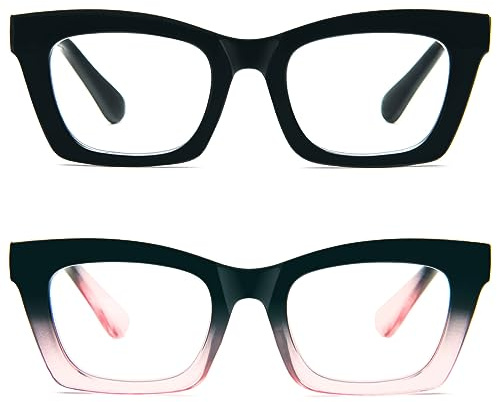 Kodilin 2 Pacco Occhiali da Lettura Vintage Oversize Square Frame Grande Retrò Quadrati Rettangolar Anti Luce Blu per Donna Cerniera a molla Nero+Nero Rosa 1.0