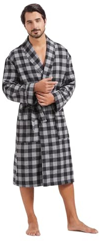 FashGudim Bata de baño de algodón a cuadros de búfalo para hombre, ligera, con cuello de manta, kimono, ropa de dormir, ropa para usar en la casa, Negro & gris, S/M