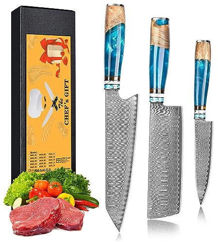 oFuun Ensemble de Couteaux Cuisine Damas - 3 Pièces Set Japonais en Acier: Kiritsuke 20,5CM, Nakiri 17cm, Universel 12,6cm