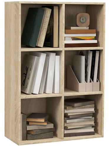 HOMCOM 3 Tier Bookshelf, Modern Cube Bookcase with 6 Open Storage Compartments, Freestanding Display Storage Unit for Living Room, Bedroom, Study, Oak Tone