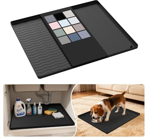URMONA Waterproof Silicone Under Sink Mat 19W x 22L, Shelf Liner for Kitchen and Bathroom, Cabinet and Counter Protector, Storage and Organizers, Litter Mat, Pet Cat Puppy Essentials (Black)