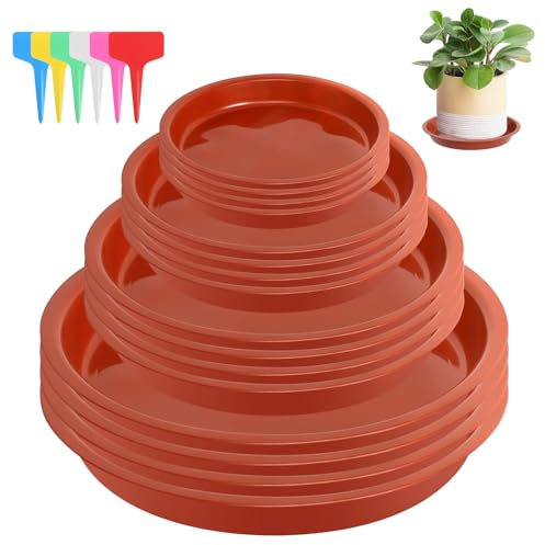 16 Pièces Coupelle Pot de Fleur Soucoupe Pot Fleur Plastique Soucoupes Pots de Fleurs avec 18 Étiquettes Sous Pot de Fleur Rond Dessous de Verre pour Plantes D'intérieur et D'extérieur (Rouge)