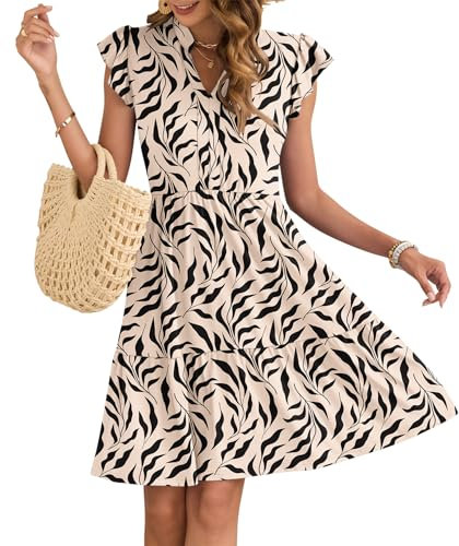 AUSELILY Damen Sommerkleid V-Ausschnitt Kleider Rüschen Ärmel Minikleid Elastische Taille Freizeitkleid mit Taschen Aprikosen Schwarzes Blatt M