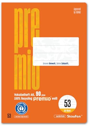 Staufen premio Cuaderno de ejercicios de vocabulario - 5 cuadernos, 32 hojas cada uno, DIN A6, regla tamaño 53 (con línea central), papel reciclado de 90 g/m