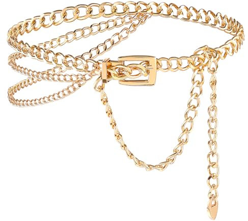 HJZHII Kettengürtel Damen, Kettengürtel Gold Verstellbarer Bauchkette Metallkette Mehrschichtig Metall Taillenkette Gold Metallkörperkette für Jeans Hosen Damen Mädchen (Gold)