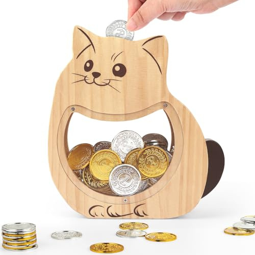 Foyucool Wooden Money Box with Clear Acrylic Window, Adorable Cat Piggy Bank for Kids | Personalised with DIY Stickers, Learning Savings for Boys & Girls, Birthday Idea