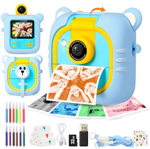 ARNSSIEN Appareil Photo Instantané, 7 Papiers (4 Couleurs/3 N&B), 2,4 Appareil Photo Enfant avec 1080P & 180° Objectif & Carte de 32GB, Cadeau Noël/Anniversaire pour Filles & Garçons,M2
