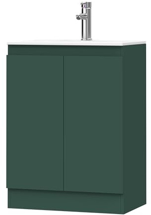 BELOFAY Denvor Green 600mm Floor Standing Bathroom Vanity Unit With Basin - Laquered Cloakroom Vanity Unit with 1 Tap Hole Ceramic Basin and Soft Close Hinges (WASTE INCLUDED)