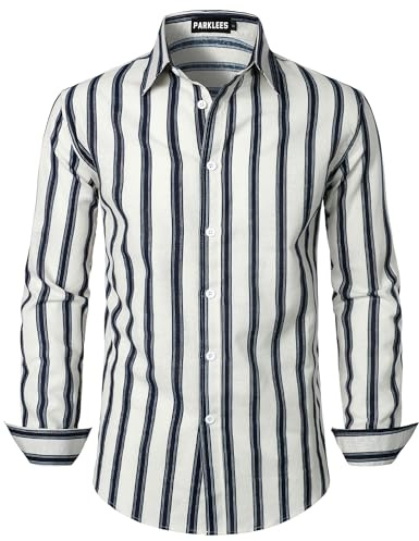 PARKLEES Men's Cotton Linen 70s Disco Retro Traditional Pattern Printed Long Sleeve Button Down Shirt