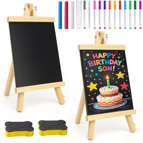 Hengxinchen Kreidetafel mit Ständer,2 Stück Kreidetafel Aufsteller, 16×28 cm Klein Schiefertafel zum Beschriften,mit 15 Kreidefarben, für Preisschilder Buffettisch Geburtstag Hochzeit Party Event