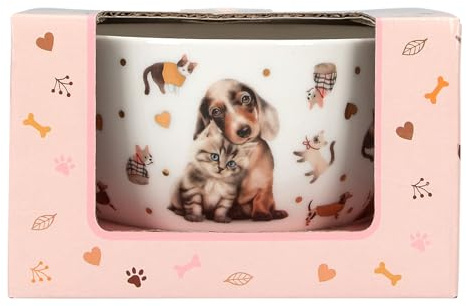 Depesche 13867 TOPModel Fur Ever Friends: Bol de Cereales en Blanco, con Motivos de Modelos, Perros, Gatos y Dorado, con la inscripción «Happy Day» en el Interior.