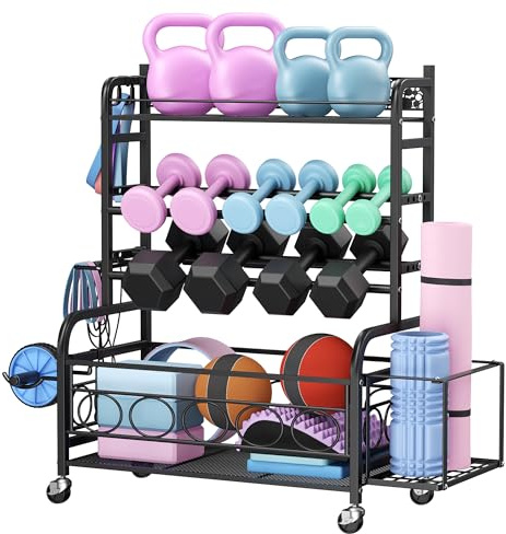 Hantelständer, Multifunktions Hantelablage, Hantelständer mit Rollen und Haken, Kann Hanteln, Yogamatten, Faszienrollen, Kugelhanteln und kettlebell, Schwarz, Zuhause