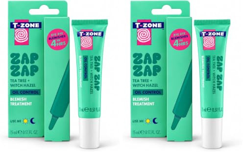 T-Zone Tea Tree & Witch Hazel Blemish Treatment Gel 15ml, Rapid Spot Treatment with Salicylic Acid & Niacinamide, Targets, Calms & Prevents Spots, Pimples & Breakouts for Clearer Skin (Pack of 2)