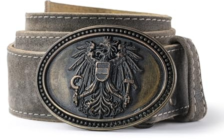 Schöneberger Trachten Couture Franco - Cintura tradizionale da uomo in pelle con fibbia a forma di aquila austriaca, grigio anticato, Bundweite 90 (46-48)