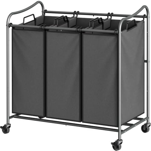 Simple Houseware Heavy Duty 3-Bag Laundry Sorter Rolling Cart, Dark Grey
