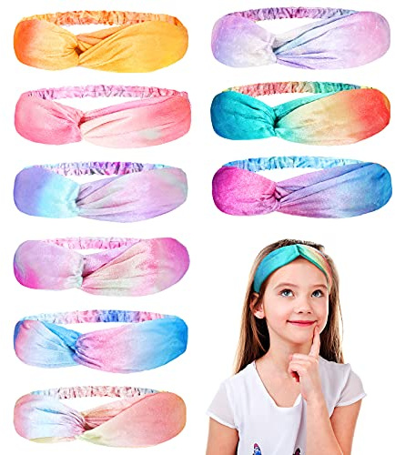 Waydress 9 Pieces Kids Headbands for Girls Velvet Rainbow Spa Headbands Stretch Tie Dye Knotted Hairbands Elastic Washing Face Hair Bands Little Girl Hair Accessories