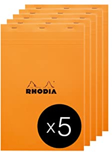 RHODIA 19660Cpack - Bloc-Notes Agrafé N°19 Orange - A4+ - Ligné - 80 Feuilles Détachables - Papier Clairefontaine Jaune 80 g/m² - Couverture en Carte Enduite - Paquet de 5 blocs