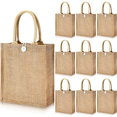 Shappy 10 Pcs Jute Burlap Tote Bags Burlap Gift Tote Bulk with Handles Lined Reusable Welcome Favor Bags for Wedding Bridesmaid Proposal Beach Party Grocery Shopping DIY Crafts, 11.1 x 9.4 x 3.9