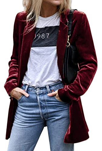 futurino Women's Solid Color Long Sleeve Velvet Jacket Open Front casual suit cardigan mid-length coat with Pockets Outerwear