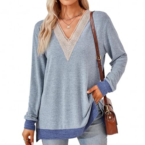 SHEYOW Camicetta da Donna Maniche Lunghe Scollo a V Maglia Casual Maglietta Lunga Donna Eleganti (XL, Azzurro)