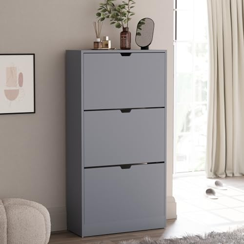 Vida Designs Shoe Cabinet, Wooden Shoe Storage Unit with 3 Flip Drawers, Multifunctional Dust-Proof Space-Saving Slim Cupboard for Hallway or Entryway, 100% FSC Certified (Grey)