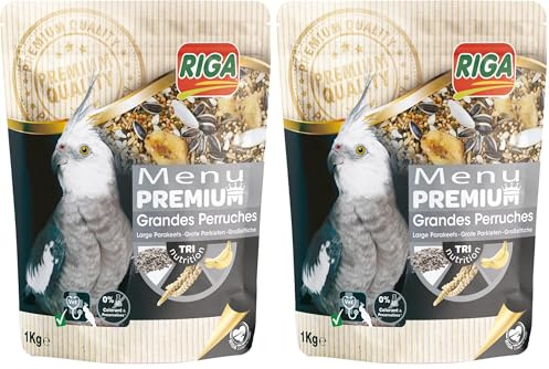 Riga - Menu Premium pour Grandes Perruches - Mélange de Graines, Céréales et Protéines Végétales - Concept Tri-Nutrition - Aide à Un Fonctionnement Intestinal Optimal - 1 kg (Lot de 2)