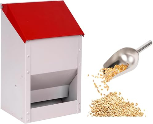 Comedero AutomáTico de Pollo de 4.5Kg, Alimentador de Aves de Corral de Metal con Tapa y Pala de Metal Al Aire Libre Alimentador Dispensador de Alimentos para Pollos Patos Ganso