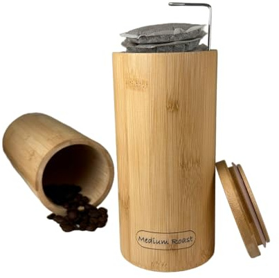 2Droids Air-tight bamboo container for coffee pods, coffee pads, coffee grounds, coffee beans. Compatible with Senseo, Hamilton Beach, Illy, and other pantry items. [Pack of 1]