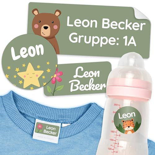 melu kids® Name Sticker Set Kids for Clothes & Objects (150 Pieces) Name Tags for School, Nursery and Kindergarten, Waterproof and in Various Sizes - Green
