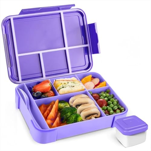 PUWOWYE Lunchlåda, lunchlåda med bestick, 1330 ml vuxen bentolåda med 5 fack, matlåda för mikrovågsugn arbete picknick kontor, BPA-fri (lila)